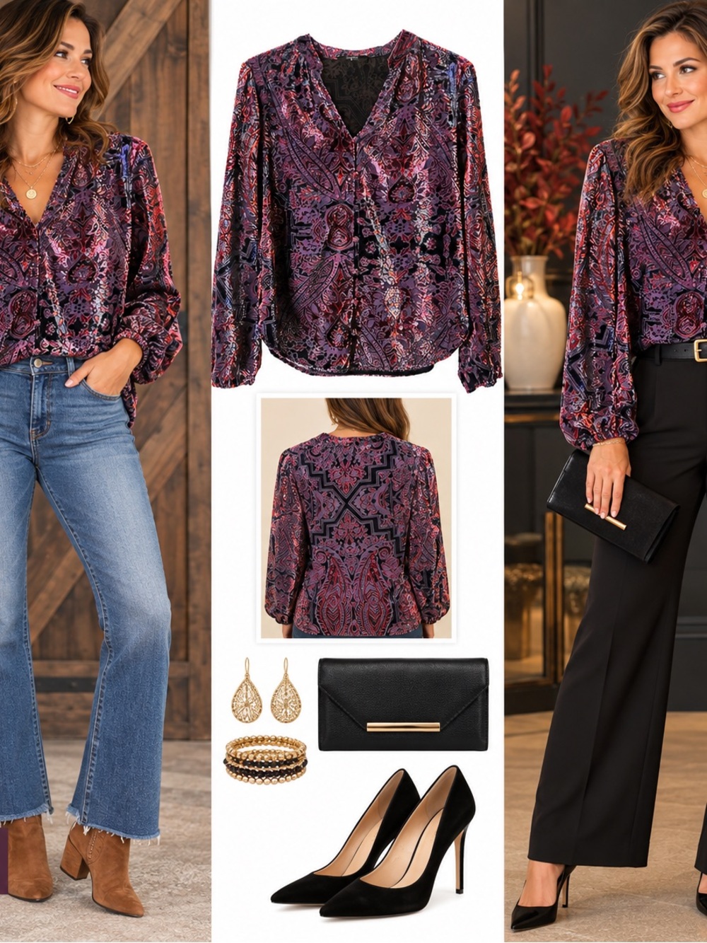 Tahari Purple Paisley V-Neck Velvet Textured Blouse